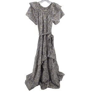 MIRTH Vienna Maxi Dress XS Blue Tan Silk Blend Ruffle Flutter Sleeve Boho